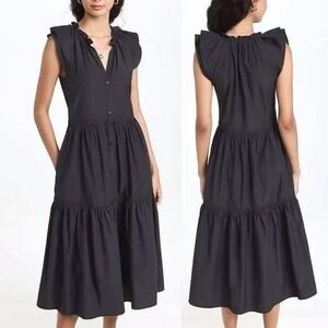 Brochu Walker Santorini Navy Tiered Poplin Midi Dress Flutter Sleeve Size XS